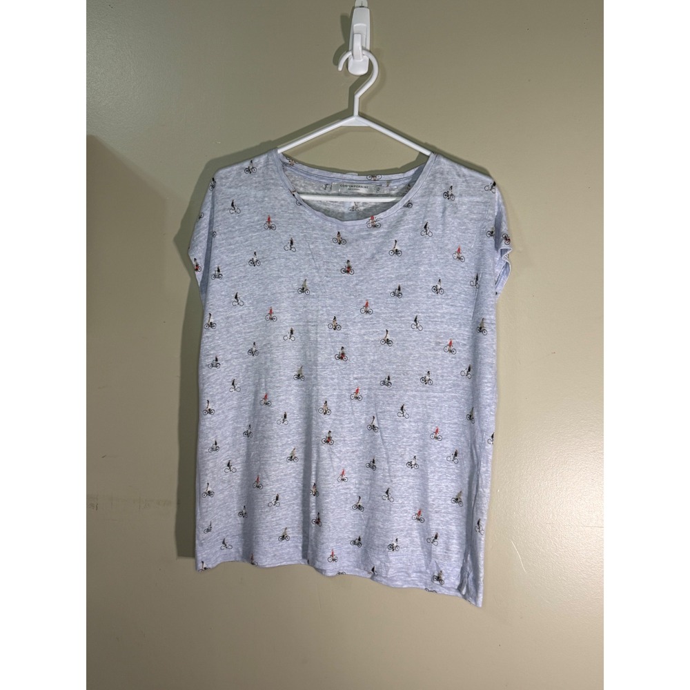 Contemporaine Simons Linen Bicycle Print T-Shirt Blue Crew Neck Short Sleeve M